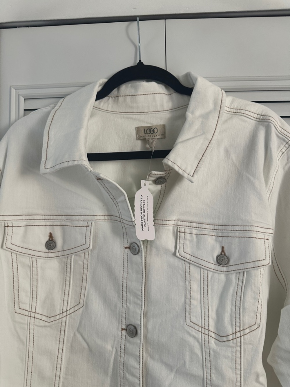 Logo by Lori Goldstein Light Cream Denim Raw Hem Jacket Size 26W - Picture 3 of 5
